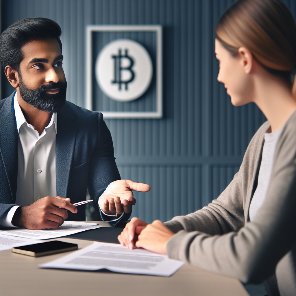 Nærbilde av en økonomisk rådgiver som forklarer lån til en kunde, med Santander-logo diskret i bakgrunnen, moderne kontor, nordisk fargepalett