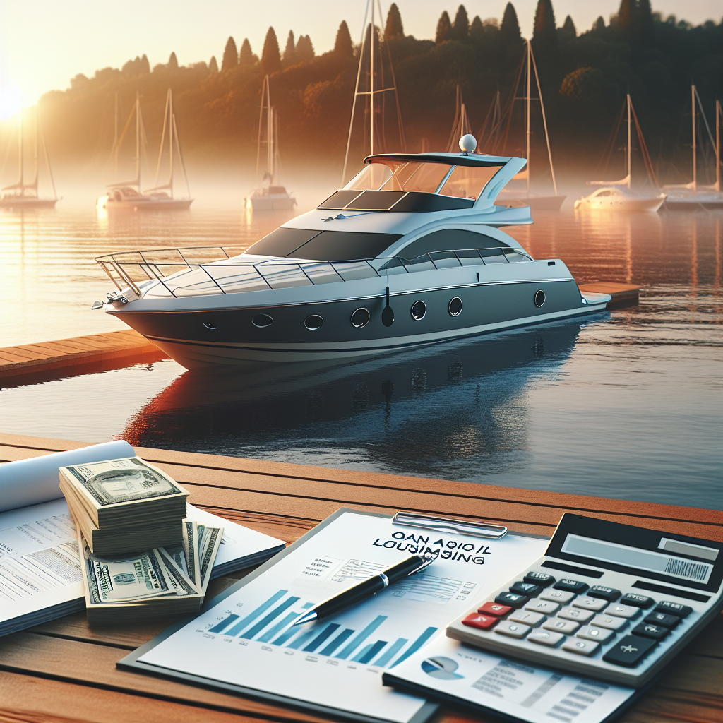 En moderne fritidsbåt i stille havn ved soloppgang, økonomiske elementer som lånedokumenter og kalkulator på fordekket, realistisk foto-stil